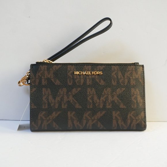 Michael Kors Jet Set Travel Graphic Logo Double Zip Wristlet MK Brown Black - Picture 1 of 8